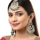 Gold-Plated Pearl Drops Green Kundan Chandbali Maang Tikka & Earrings Set