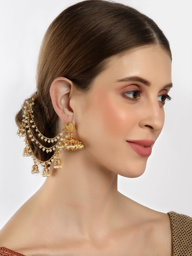White Floral Shaped Gold-Plated Half Hoop Earrings