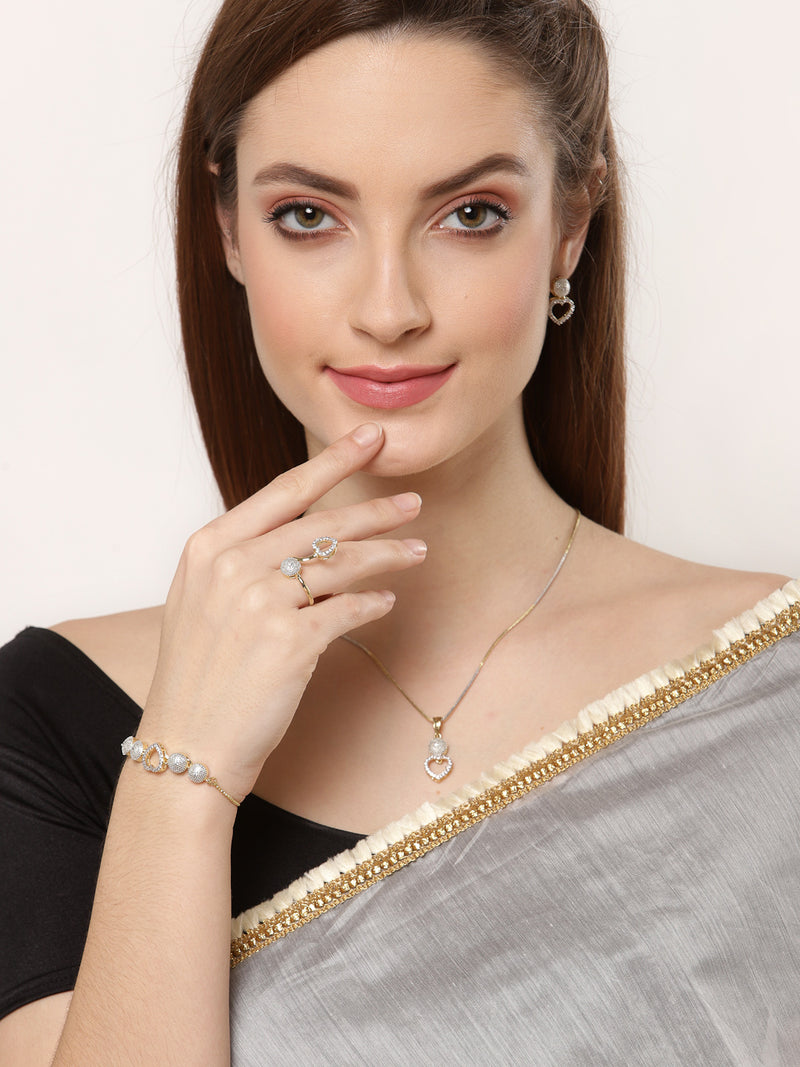Heart Shaped White & Gold-Plated American Diamond Studded Jewellery Set Combo