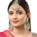 Gold-Plated Pearl Drops Grey Kundan Chandbali Maang Tikka & Earrings Set