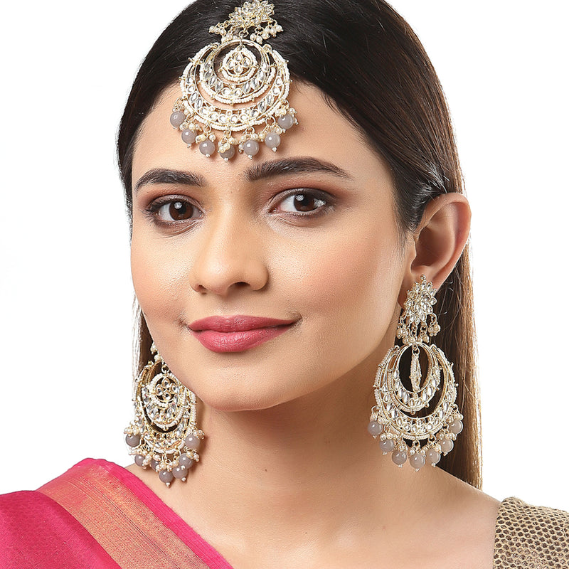 Gold-Plated Pearl Drops Grey Kundan Chandbali Maang Tikka & Earrings Set