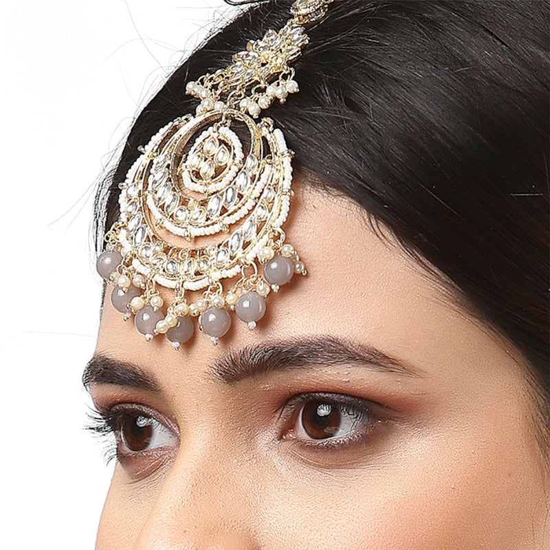 Traditional Gold Plated Kundan & Grey Bead Chandbali Maang Tikka