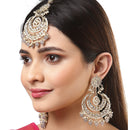 Gold-Plated Pearl Drops Grey Kundan Chandbali Maang Tikka & Earrings Set