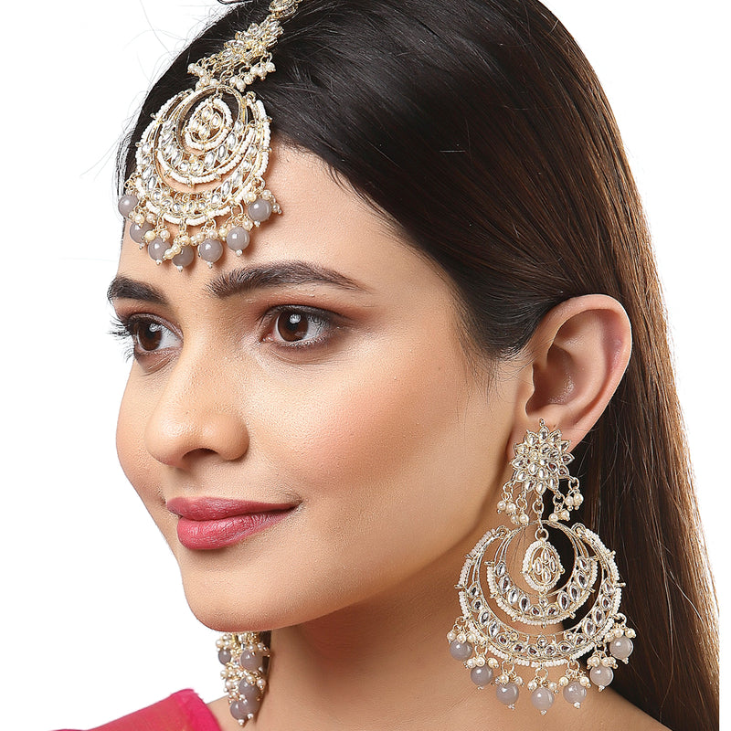 Gold-Plated Pearl Drops Grey Kundan Chandbali Maang Tikka & Earrings Set