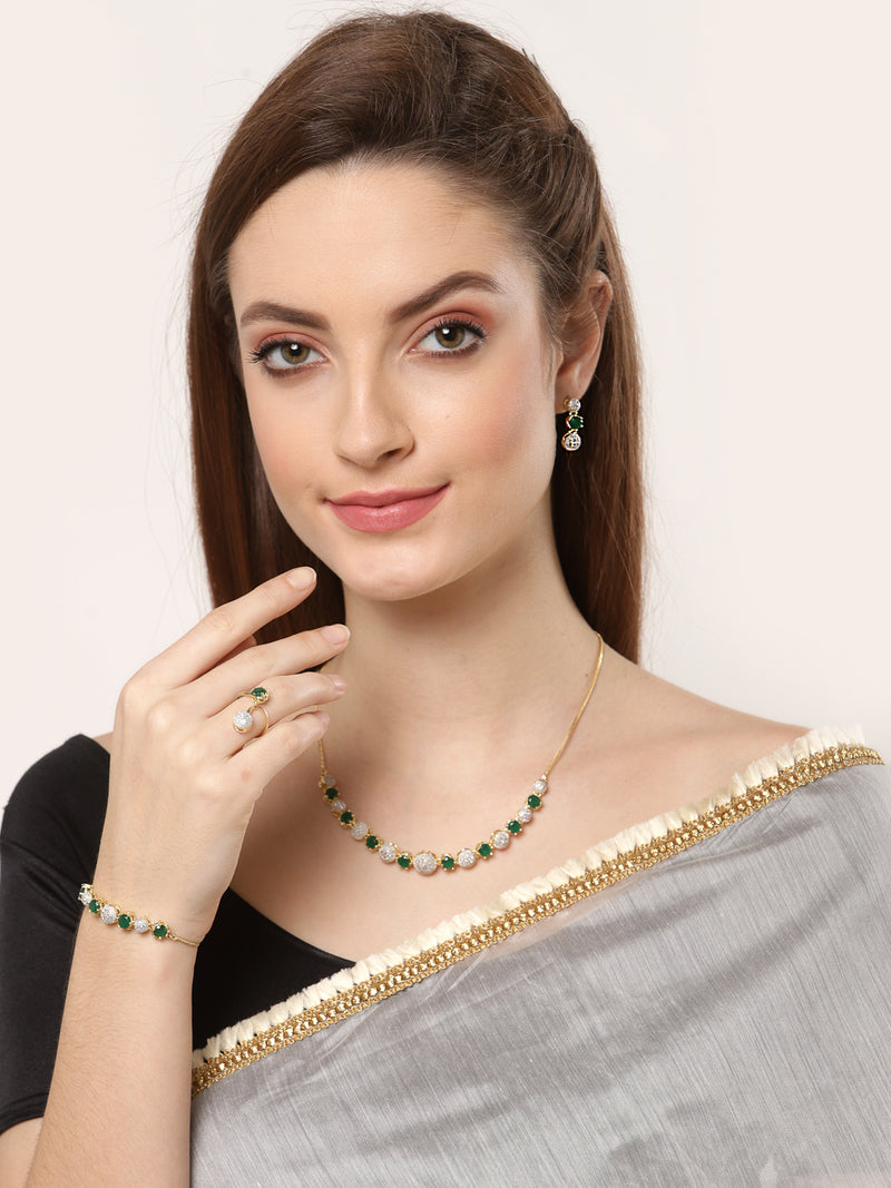 Gold-Plated & Green CZ Stone-Studded Jewellery Set Combo