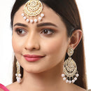 Gold-Plated Pearl Drops White Kundan Chandbali Maang Tikka & Earrings Set