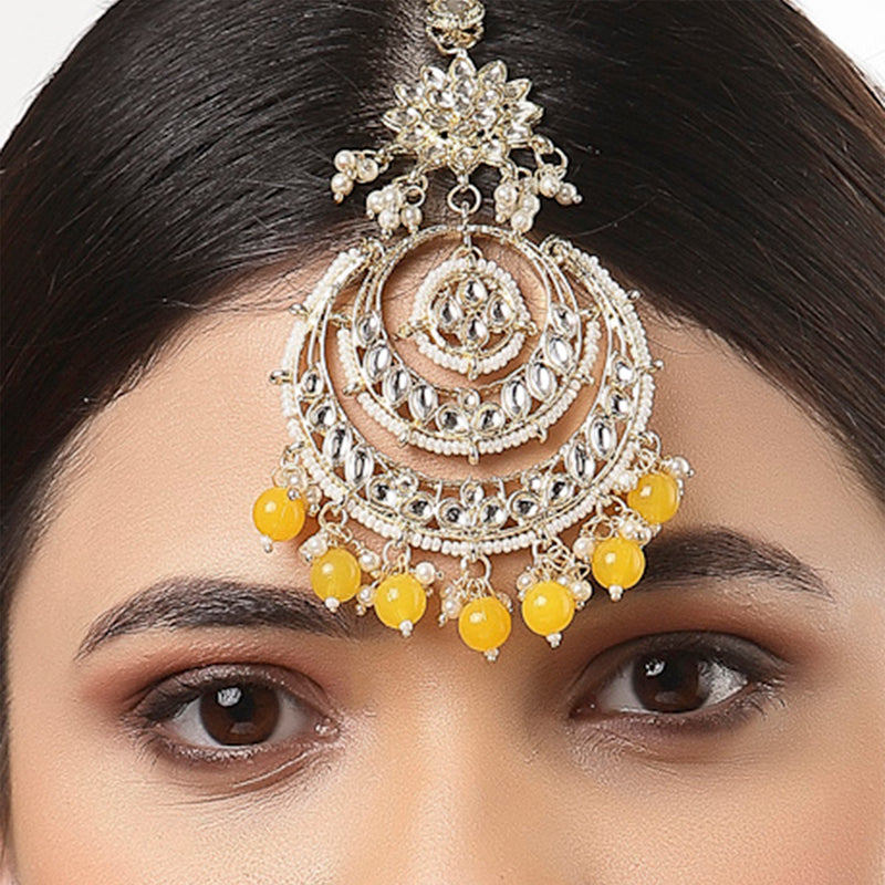 Traditional Gold Plated Kundan & Yellow Bead Chandbali Maang Tikka