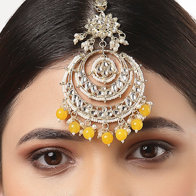Traditional Gold Plated Kundan & Yellow Bead Chandbali Maang Tikka