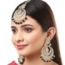 Gold-Plated Pearl Drops Black Kundan Chandbali Maang Tikka & Earrings Set