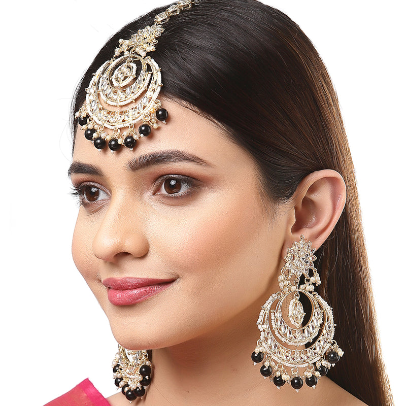 Gold-Plated Pearl Drops Black Kundan Chandbali Maang Tikka & Earrings Set