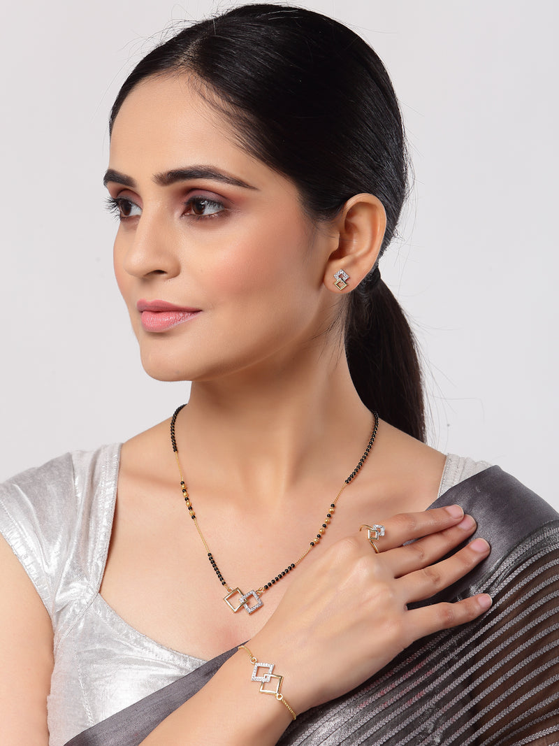 Square Shaped Gold-Plated & White AD-Studded & Beaded Mangalsutra Set