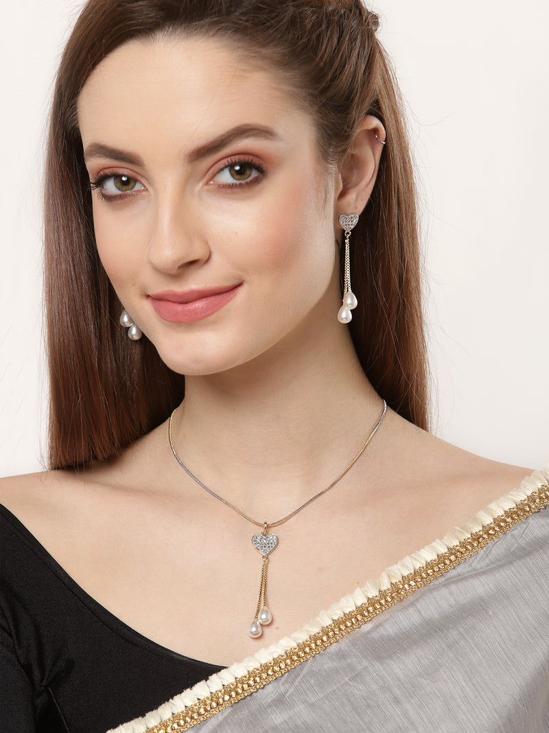 Heart Shaped Gold-Plated White American Diamond-Studded pendant with Chain & Earring