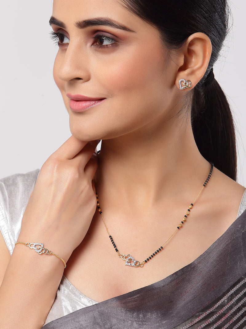Gold-Plated & White AD-Studded & Beaded Heart Shaped Mangalsutra Set