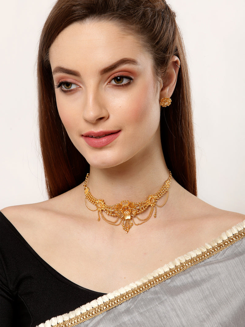Floral Intricate Textured Gold-Plated Temple Jewellery Set