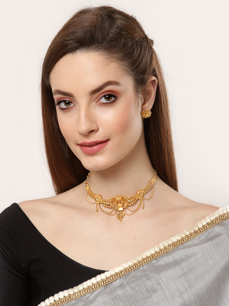 Floral Intricate Textured Gold-Plated Temple Jewellery Set