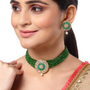 Green American Diamond Gold-Plated Studded Beaded Choker Necklace with Earring Fashion Jewellery Set