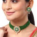 Green American Diamond Gold-Plated Studded Beaded Choker Necklace with Earring Fashion Jewellery Set