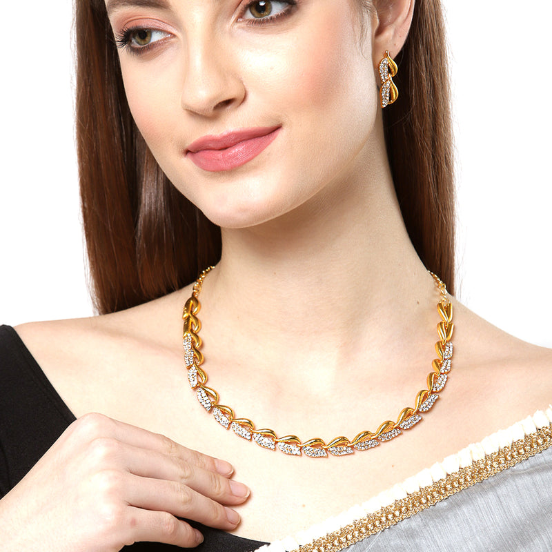 Stylish Ethnic 18K Gold Plated White Cubic Zirconia Necklace Set With Earrings