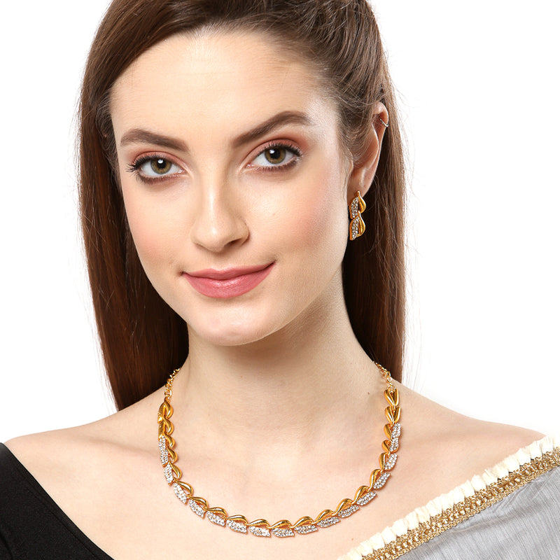 Stylish Ethnic 18K Gold Plated White Cubic Zirconia Necklace Set With Earrings