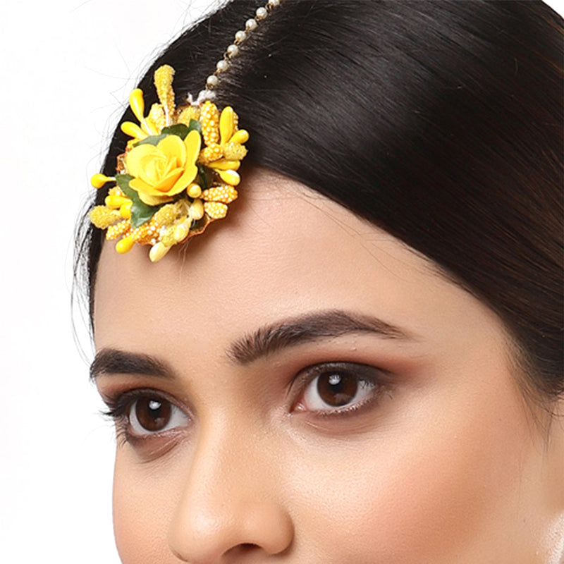 Gold Plated Floral Yellow And Green Gotta Patti Maang Tikka (Mehandi,Haldi,Bridal,Baby Shower)
