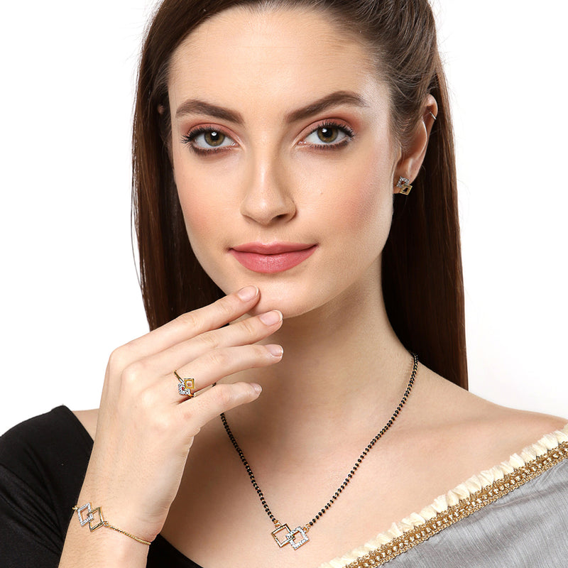 Gold-Plated & White AD-Studded & Beaded Square Shaped Mangalsutra Set