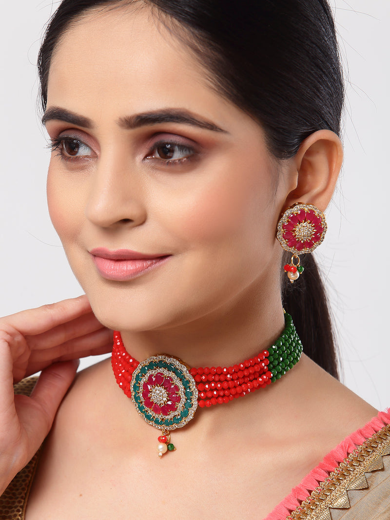 Red & Green Gold-Plated American Diamond Studded Choker Necklace with Earrings