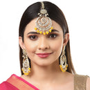 Gold-Plated Pearl Drops Orange Kundan Chandbali Maang Tikka & Earrings Set