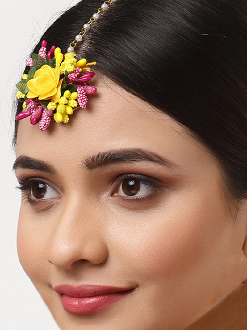 Gold Plated Floral Pink Yellow And Green Gotta Patti Maang Tikka  (Mehandi,Haldi,Bridal,Baby Shower)