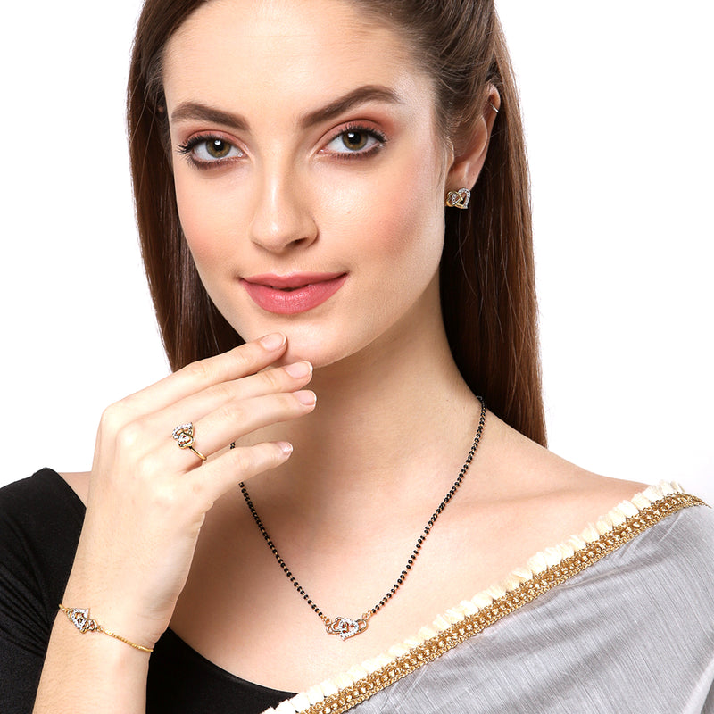 Gold-Plated & White AD-Studded & Beaded Heart Shaped Mangalsutra Set