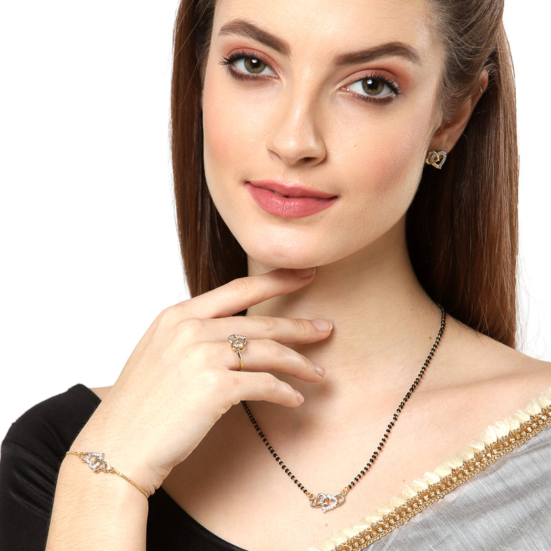 Gold-Plated & White AD-Studded & Beaded Heart Shaped Mangalsutra Set