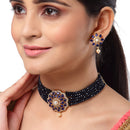 Floral Gold-Plated Navy Blue & White American Diamond Studded & Beaded Jewellery Set