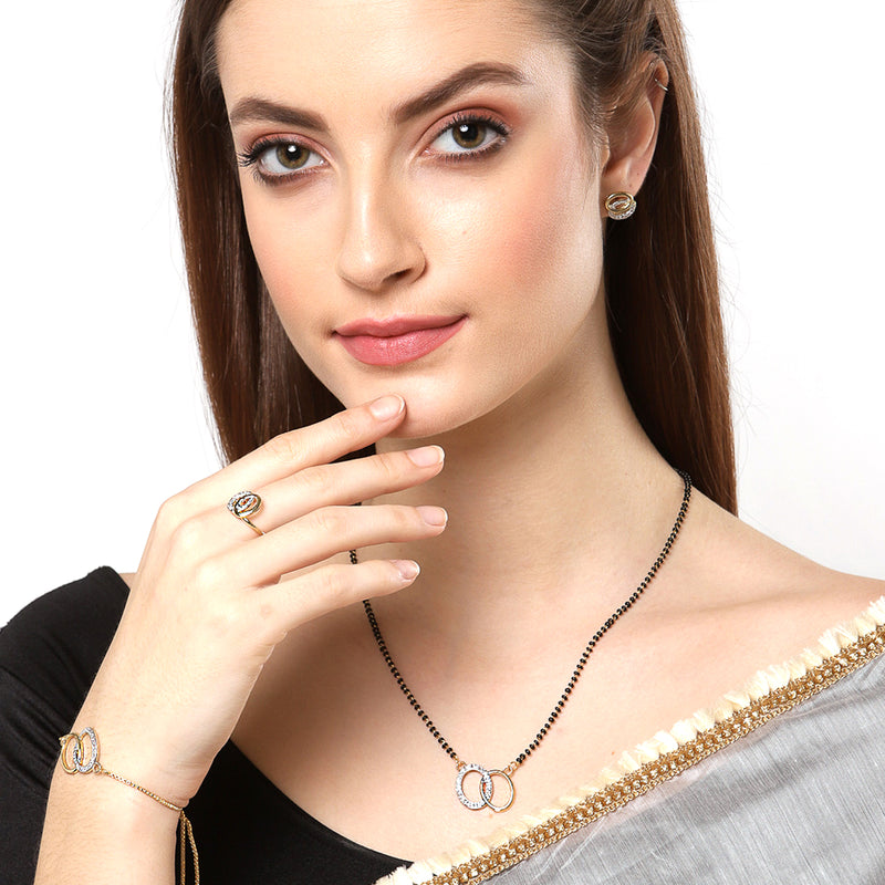 Oval Shaped Gold-Plated & White AD-Studded & Beaded  Mangalsutra