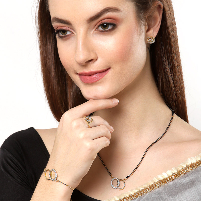 Oval Shaped Gold-Plated & White AD-Studded & Beaded  Mangalsutra