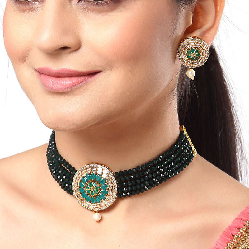 Green Multistrand Choker Gold-Plated Studded with American Diamond Jewellery Set