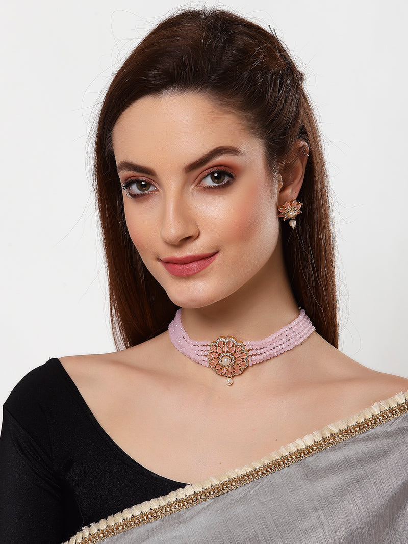 Multi-String Gold-Plated Pink & White Kundan Studded & Beaded Floral Shaped Choker Jewellery Set