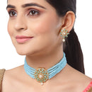 Teal Blue & Turquoise Blue Gold-Plated American Diamond Studded & Beaded Multistrand Necklace Set
