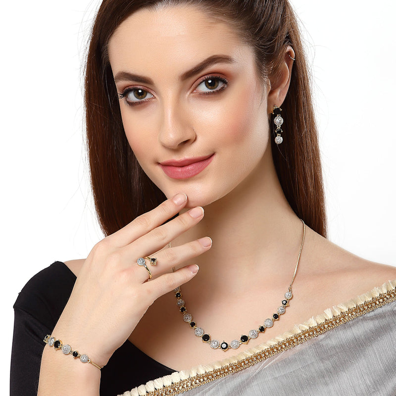 Black & White Gold Plated Stone American Diamond Studded Jewellery Set Combo
