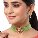 Pearl Detailing with Gold Plating Lime Green Beads Strap Choker Jewellery Set