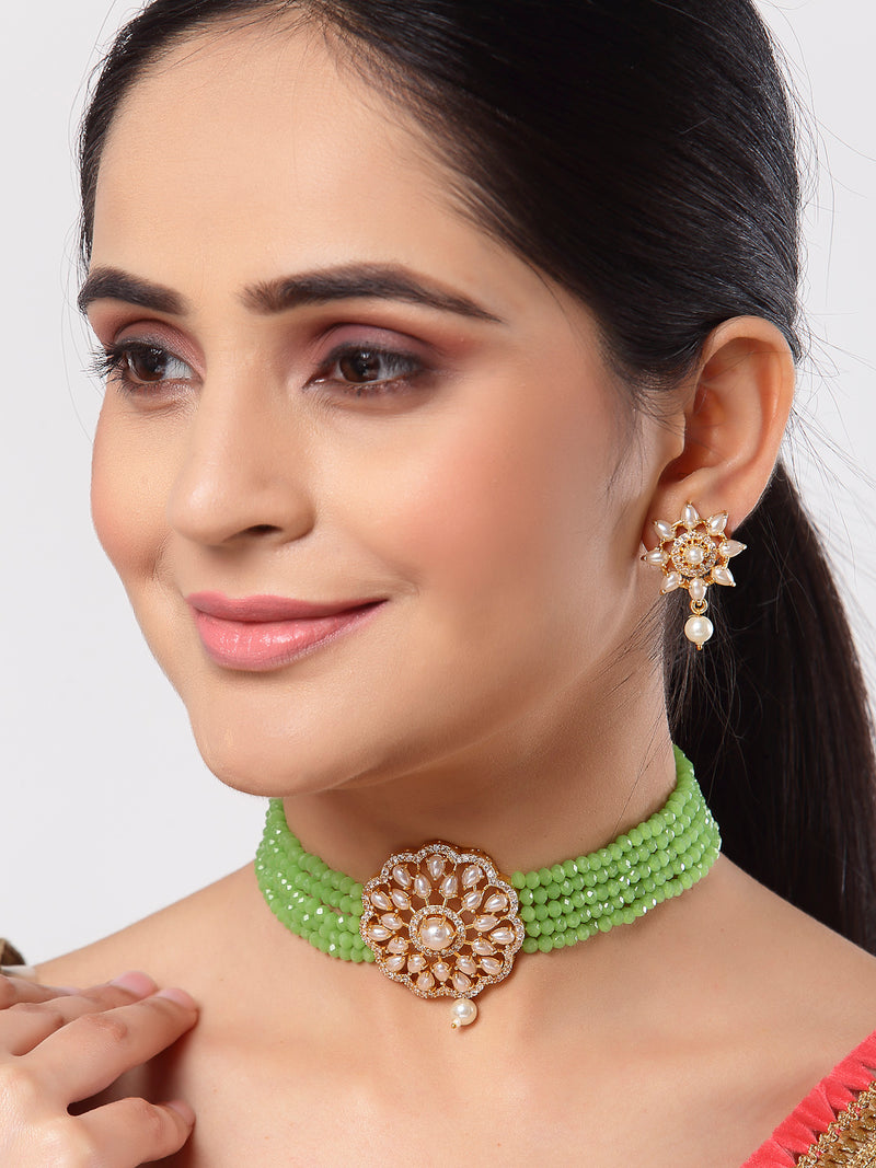 Pearl Detailing with Gold Plating Lime Green Beads Strap Choker Jewellery Set