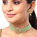 Multistrand Gold-Plated Lime Green & White American Diamond Stone Studded & Beaded Jewellery Set