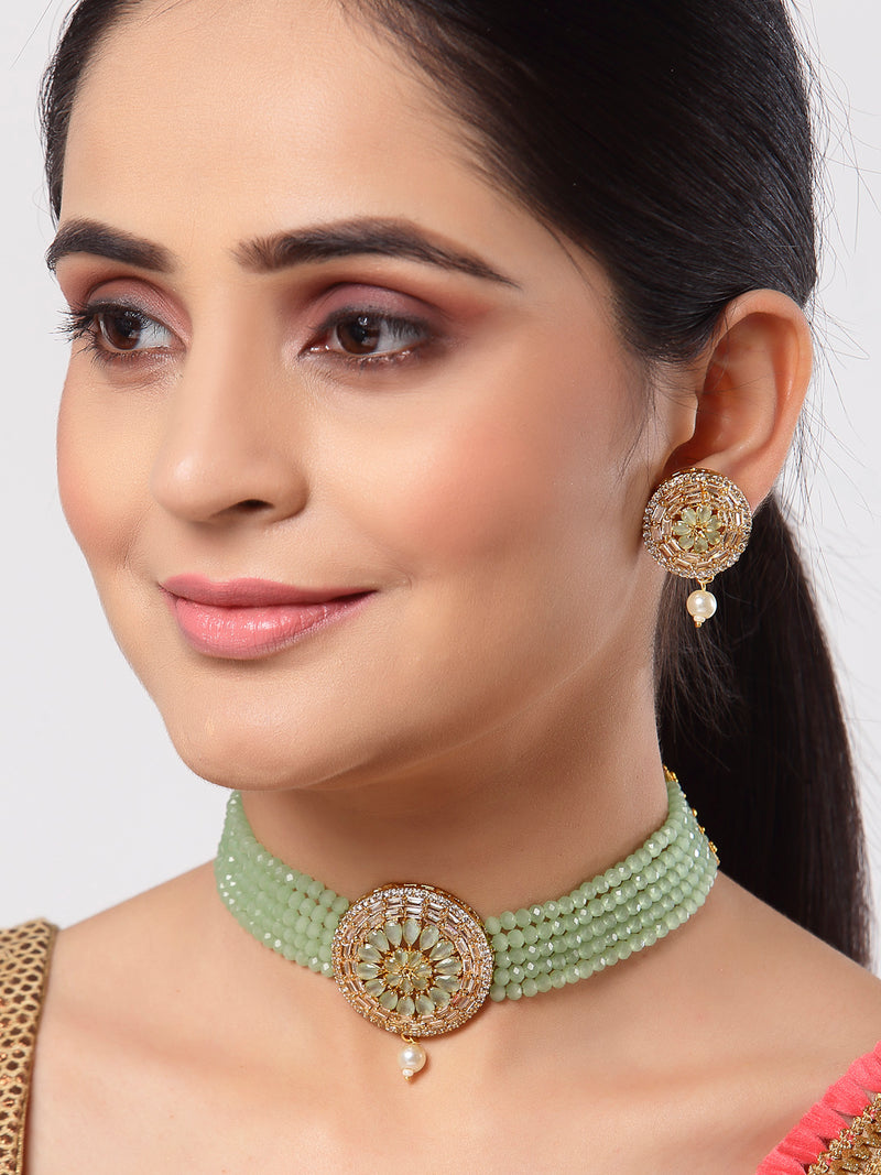 Multistrand Gold-Plated Lime Green & White American Diamond Stone Studded & Beaded Jewellery Set