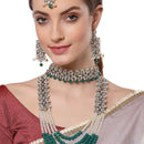 Gold-Plated & Green Kundan-Studded & Pearl Beaded Antique Jewellery Set Combo