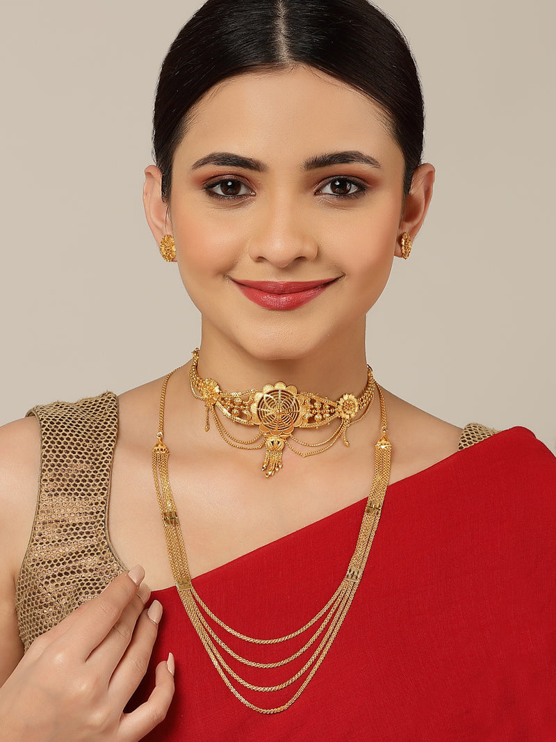 Gold-Plated Floral Textured Jewellery Set Combo