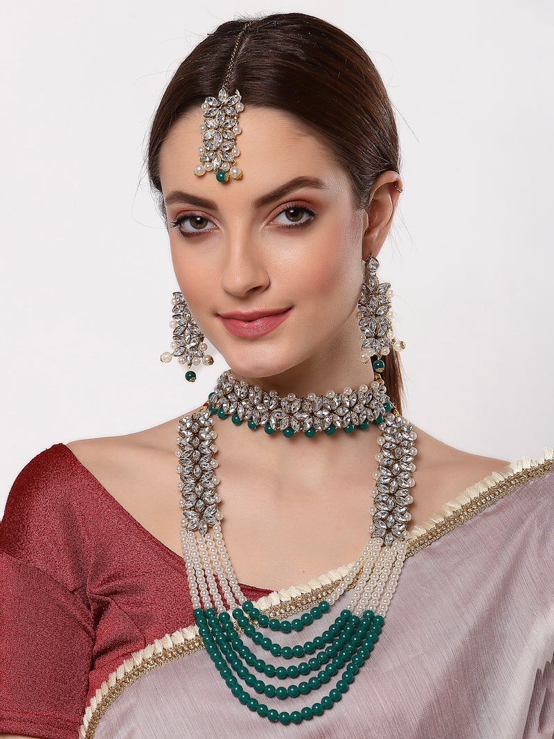 Gold-Plated & Green Kundan-Studded & Pearl Beaded Antique Jewellery Set Combo
