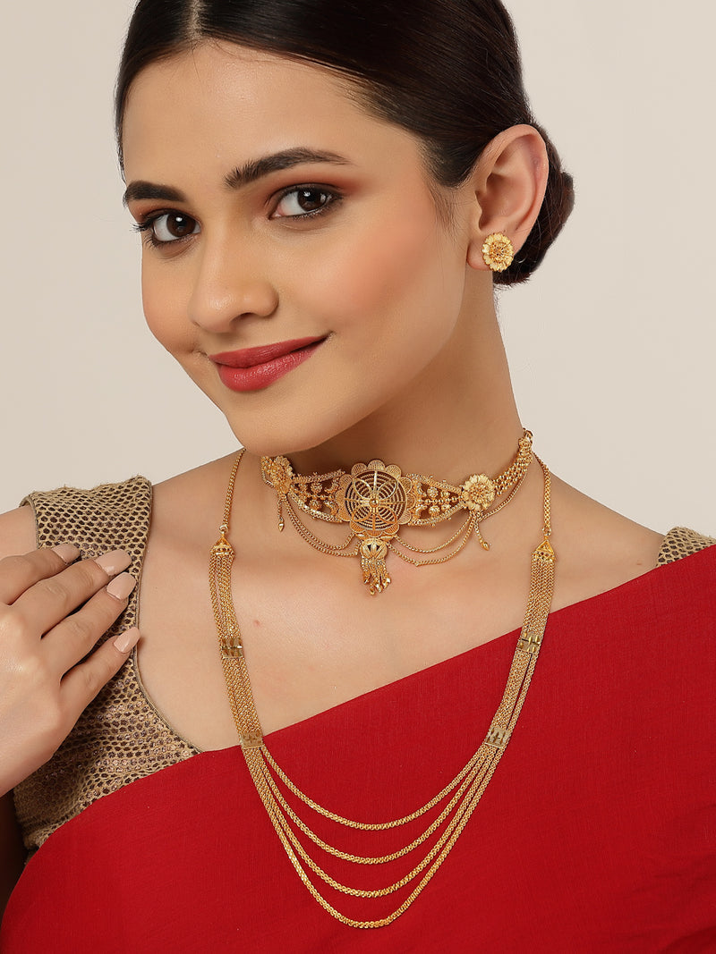 Gold-Plated Floral Textured Jewellery Set Combo