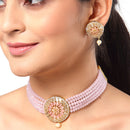 Gold-Plated with Peach-Toned & Pink AD-Studded & Beaded Jewellery Set