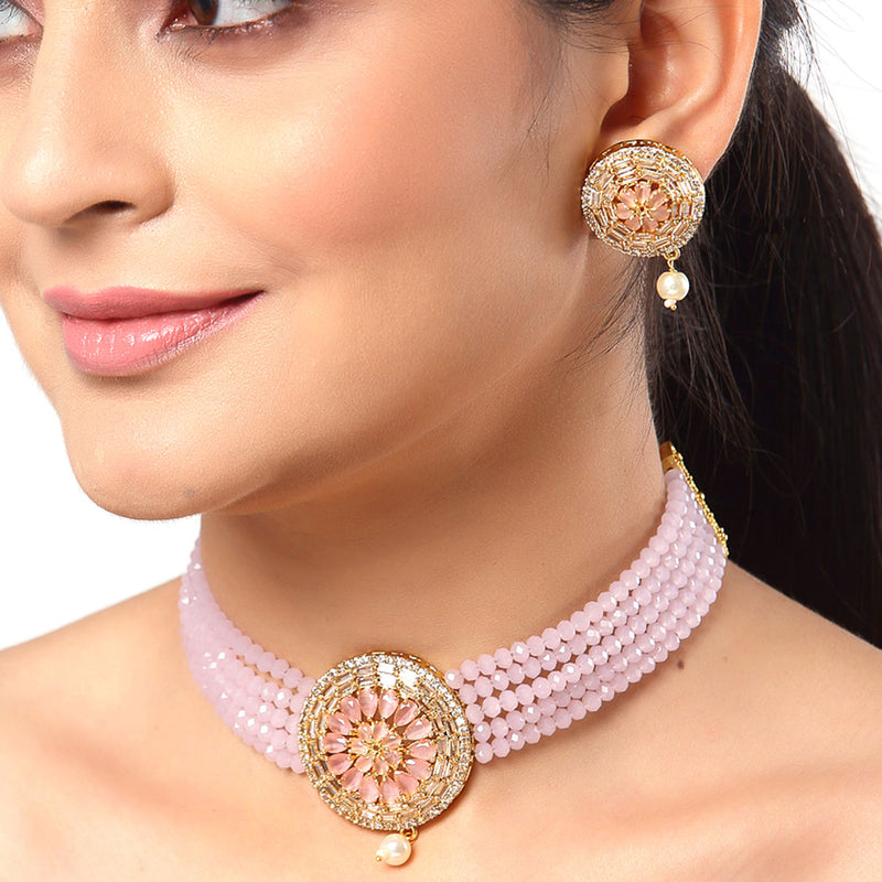 Gold-Plated with Peach-Toned & Pink AD-Studded & Beaded Jewellery Set