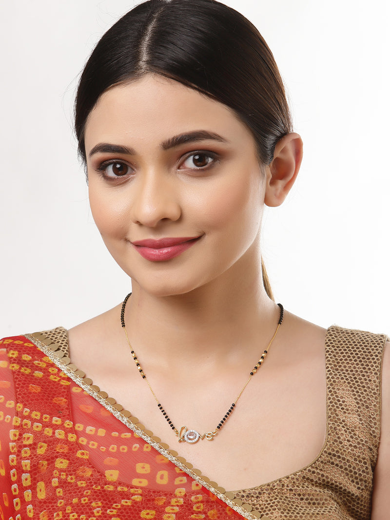 Set Of 3 Gold-Plated AD-Studded Black Beaded Mangalsutra