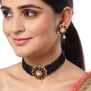 Multi-String Choker Gold-Plated Black & White AD-Studded & Beaded Jewellery Set