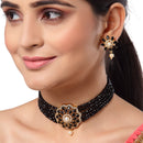 Multi-String Choker Gold-Plated Black & White AD-Studded & Beaded Jewellery Set